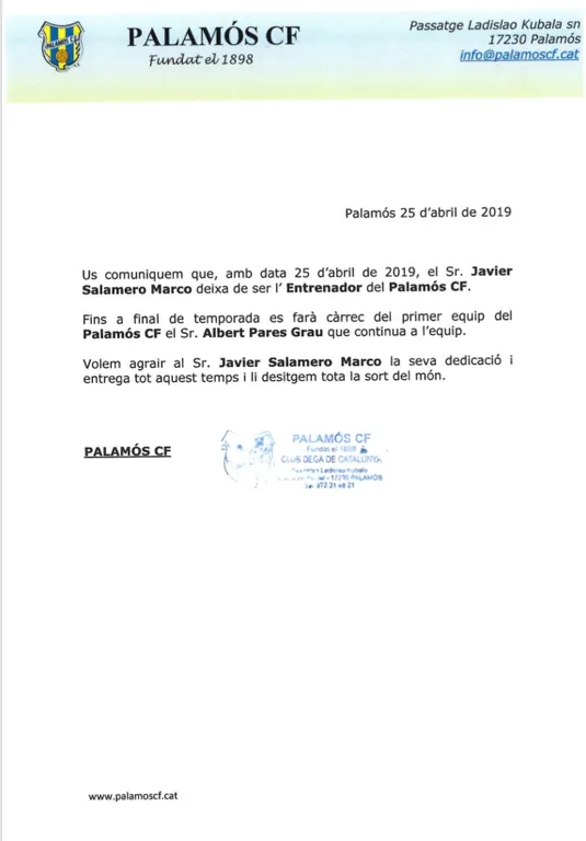 Javier Salamero deixa de ser l'Entrenador del Palamós CF