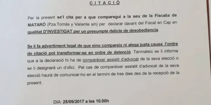 L'Alcaldessa anirà a declarar el pròxim dilluns pel decret de suport a l'1-0