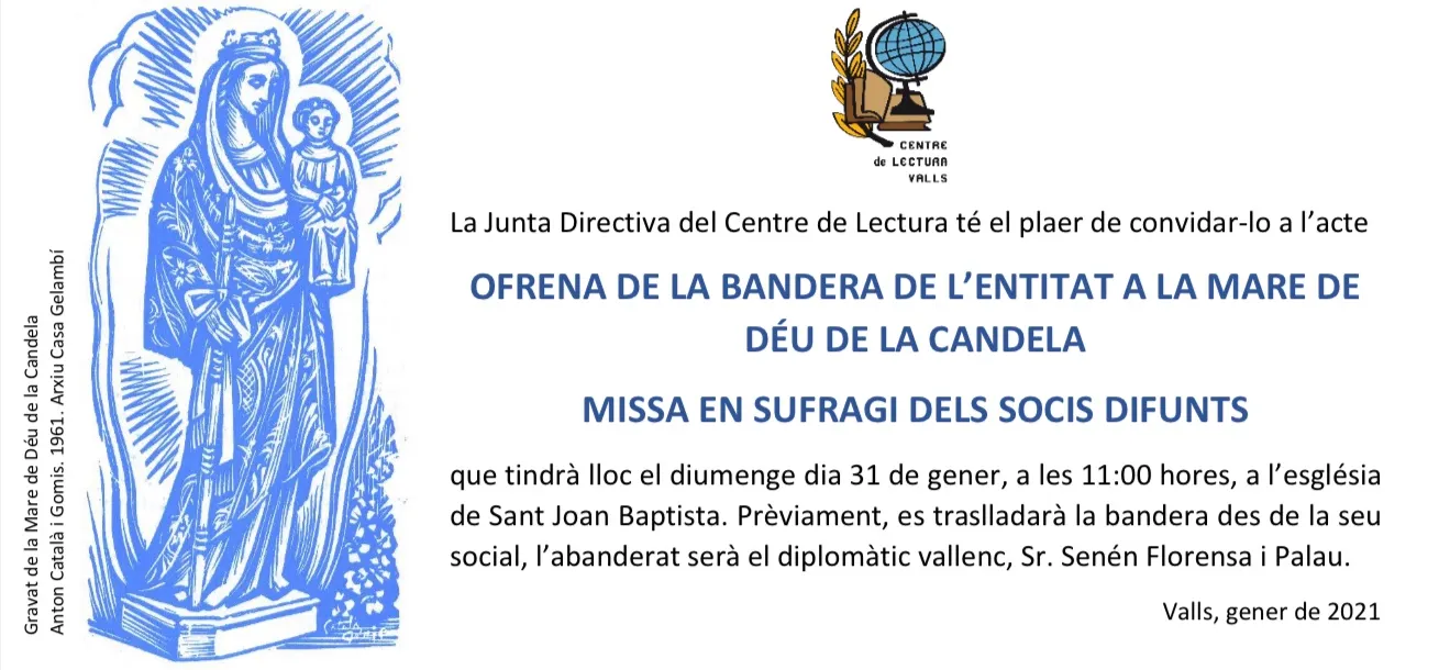 El Centre de Lectura organitza un acte en honor a la Mare de Déu de la Candela