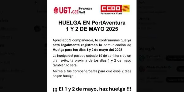 Els treballadors de PortAventura tornaran a fer vaga al pont de maig