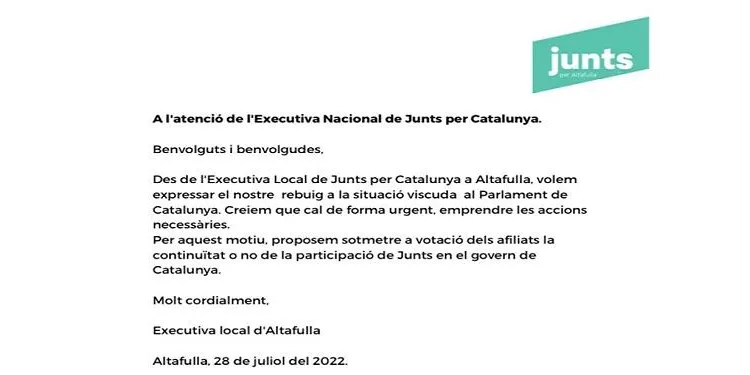 Junts per Altafulla demana a l’executiva nacional una consulta a l’afiliació sobre la continuïtat al Govern després de la suspensió de Laura Borràs