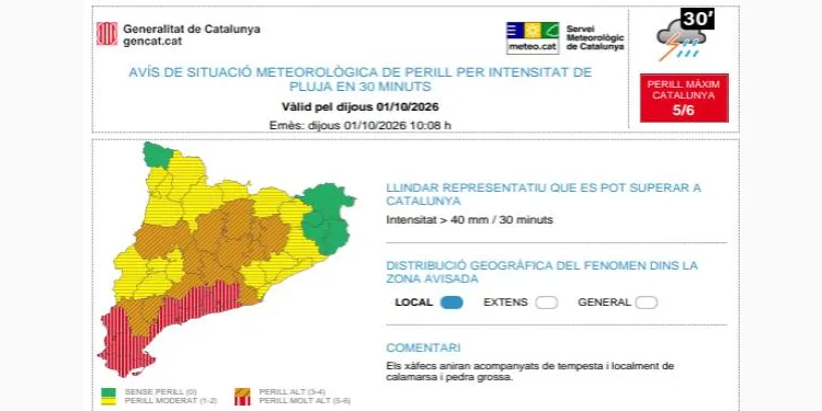 ACTUALITZACIÓ: S'eleva a molt alt el perill per pluja torrencial la tarda d’aquest dijous