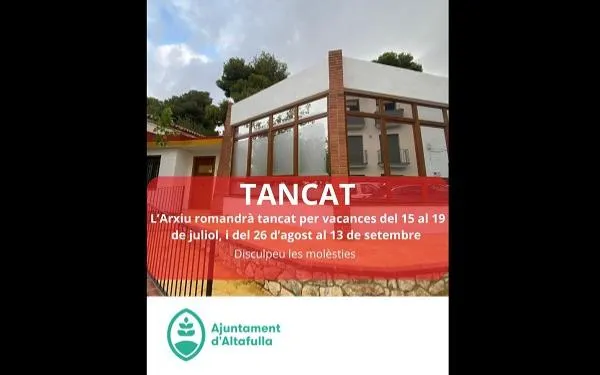 L'Arxiu Municipal d'Altafulla, tancat per vacances