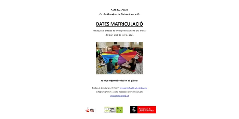 L’Escola Municipal de Música Joan Valls ha anunciat el període de matriculació per al curs 2021/2022