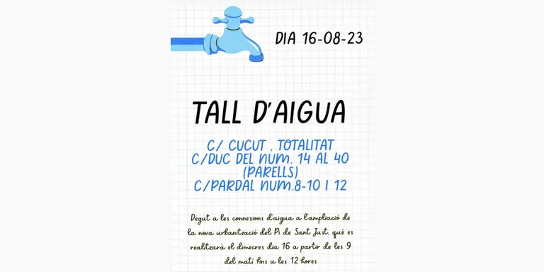 Avís de tall d'aigua a una part de la urbanització del Pi de Sant Just
