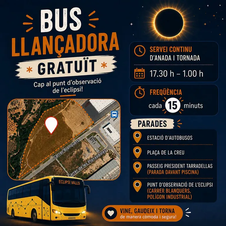 Valls habilita un bus llançadora gratuït per facilitar l’accés al punt d’observació de l’eclipsi