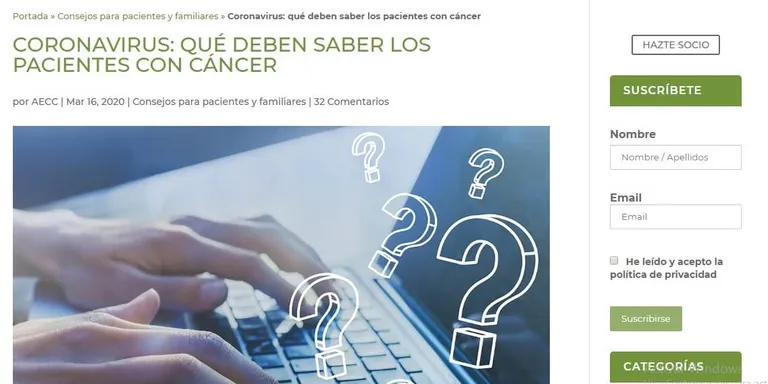 L'AECC Lleida respon als dubtes de pacient amb càncer respecte al COVID-19