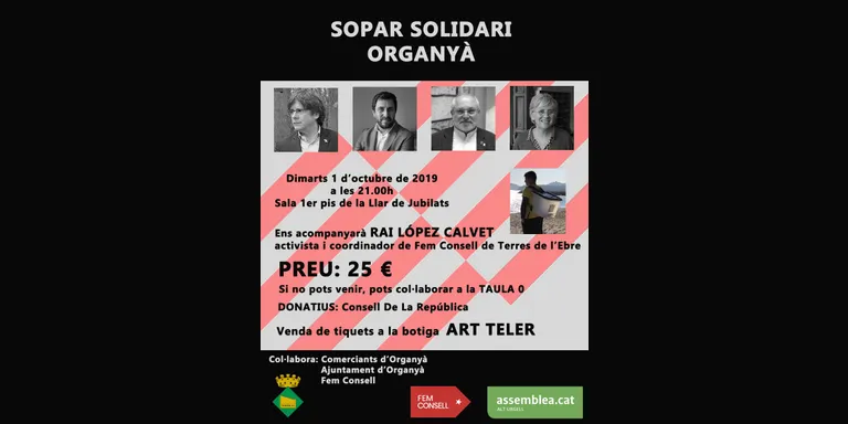 Organyà commemorarà l'1-O amb un Sopar Solidari