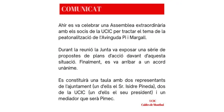 UCIC i Ajuntament s'emplacen per buscar un acord sobre la peatonalització de l'avinguda Pi i Margall els caps de setmana