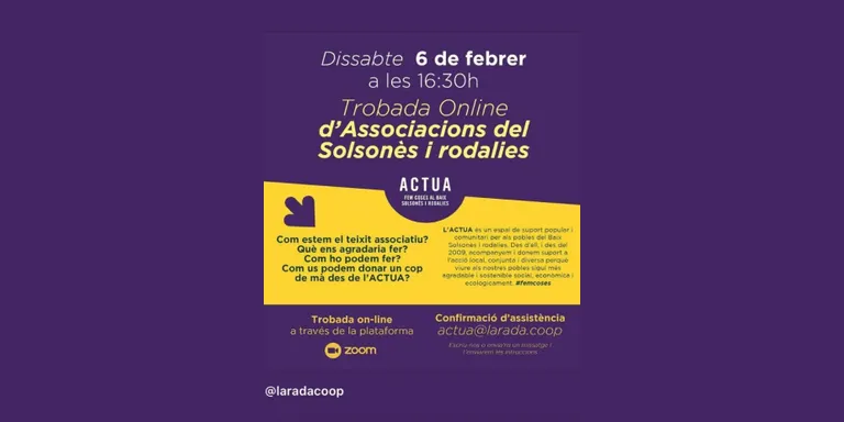 L'Arada convoca aquest dissabte una trobada online d'associacions del Solsonès i rodalies