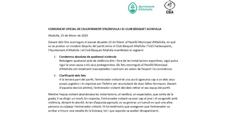 L’Ajuntament d’Altafulla i el CB Altafulla desmenteixen les acusacions de l’entrenador del Farlawsports