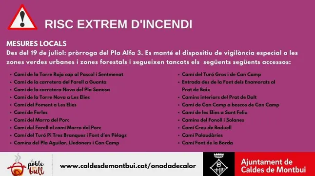 L'alerta per alt risc d'incendi a Caldes es prorroga de forma indefinida