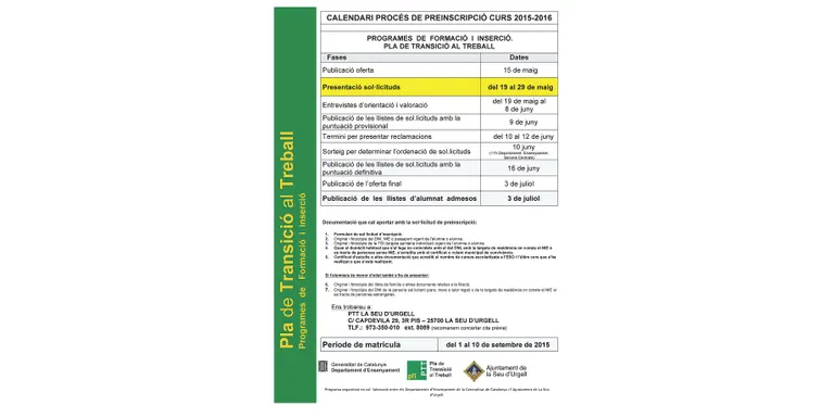 S'inicien les preinscripcions del Pla de Transició al Treball 2015-2016