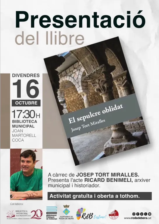 Josep Tort i Miralles presentarà la novel·la històrica "El sepulcre oblidat" aquest divendres 16 d'octubre a Roda de Berà