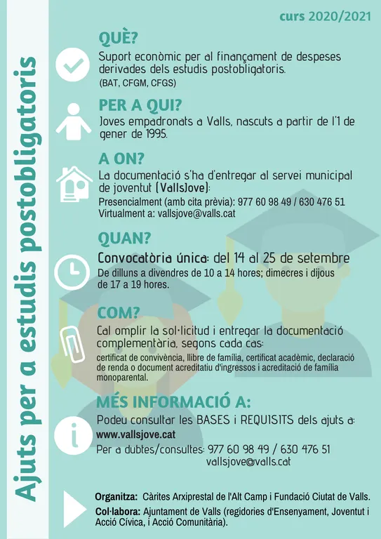 Les ajudes per a estudis postobligatoris per al curs 2020-21 es podran sol·licitar al setembre