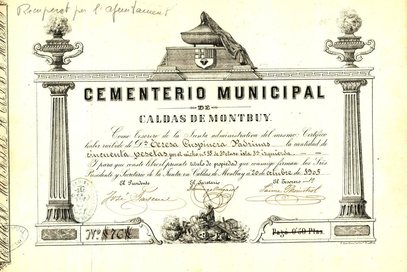 L'arxiu municipal presenta el títol de propietat d'un nínxol del cementiri que data de 1905