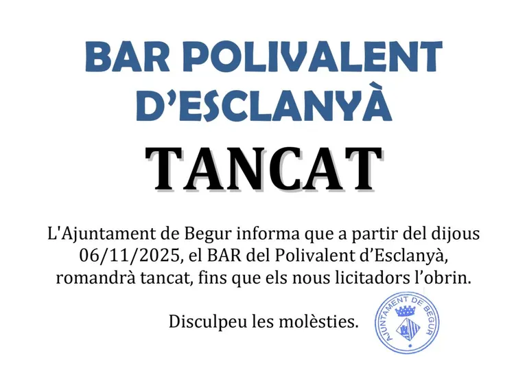 El bar polivalent d'Esclanyà romandrà tancat temporalment fins a la nova adjudicació