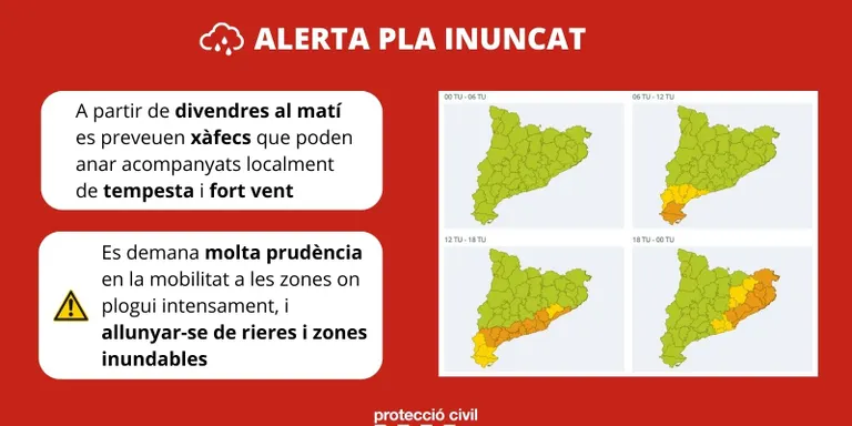 Protecció Civil activa l’alerta del pla Inuncat per la previsió de pluges intenses aquest divendres
