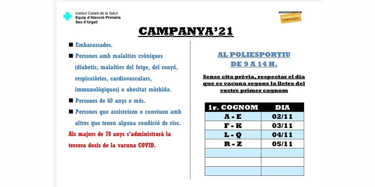 La vacunació de la grip es farà a la Seu d'Urgell del 2 al 5 de novembre