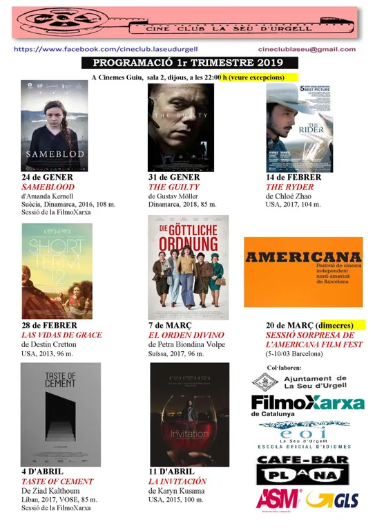 A punt la programació del Cineclub de La Seu d'Urgell per al primer trimestre del 2019