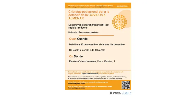 Cribratge massiu a Almenar el 30 de novembre i 1 de desembre impulsat per Salut per frenar els casos de COVID