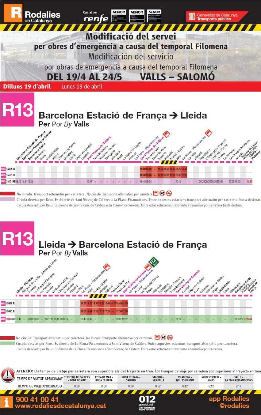 Servei alternatiu per carretera entre les estacions de Picamoixons i Sant Vicenç de Calders