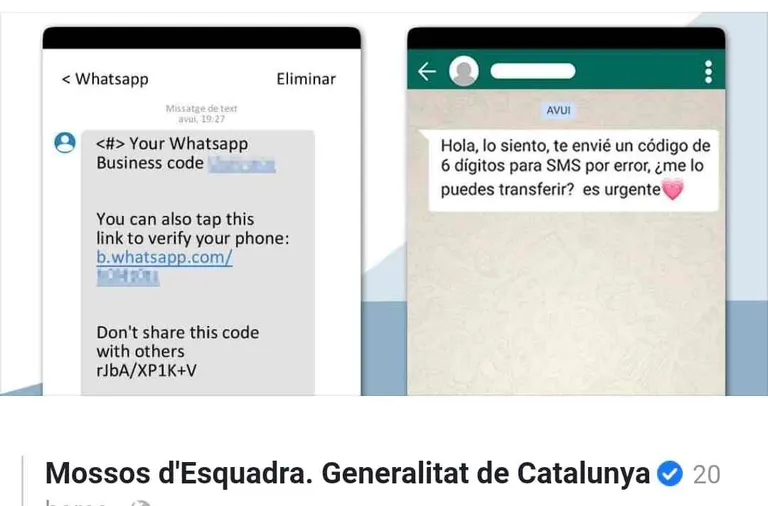Els Mossos d'Esquadra alerten sobre un engany a través del servei de missatgeria de WhatsAp
