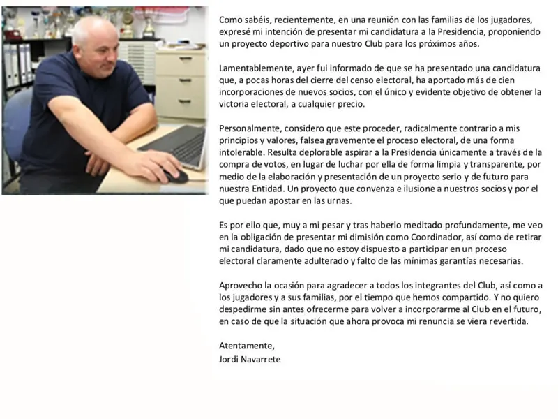 La carta de Jordi Navarrete explicant la seva dimissió