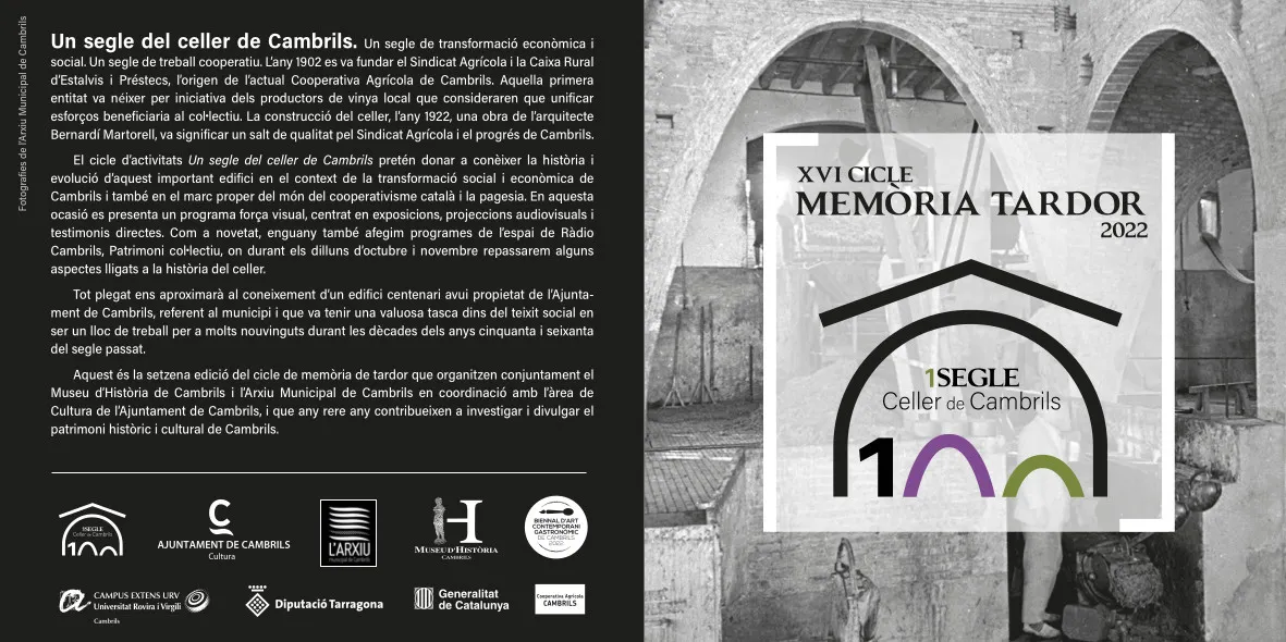 El cicle Memòria de tardor d’enguany commemora el centenari del Celler de Cambrils