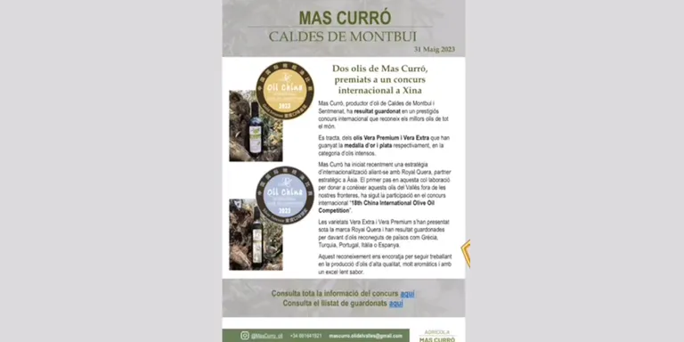 Dos olis del productor calderí Mas Curró obtenen un primer i segon premi al concurs internacional de la Xina