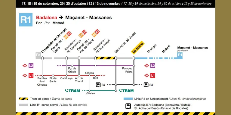 La línia R1 del Maresme comença i acaba el trajecte a Badalona aquest dissabte, diumenge i dilluns