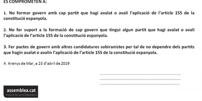 Només la CUP i Primàries Arenys firmen el compromís de l’ANC per no pactar amb cap partit del 155