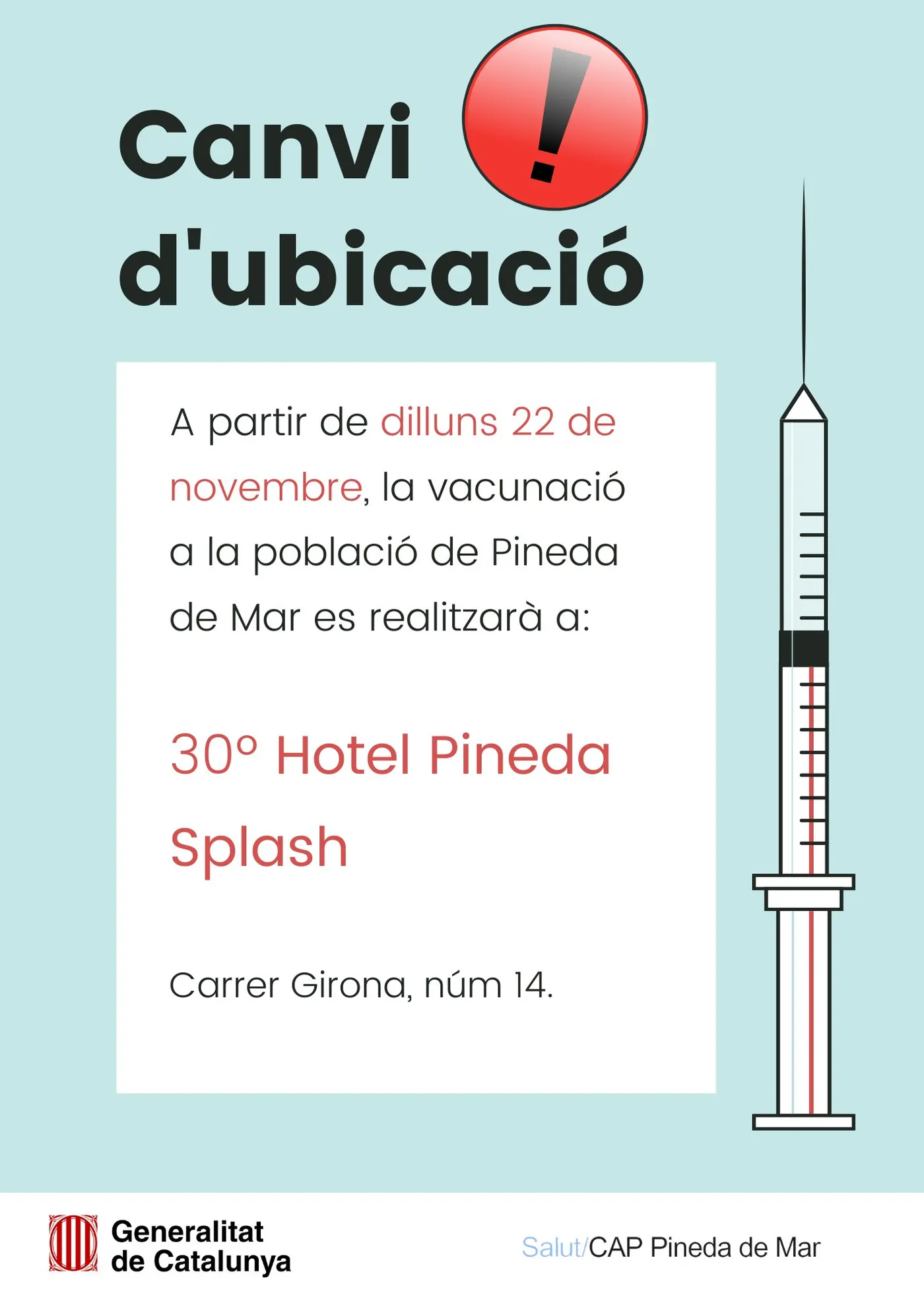 L'ABS Pineda trasllada des d'aquest dilluns la vacunació al 30 Hotel Pineda Splash