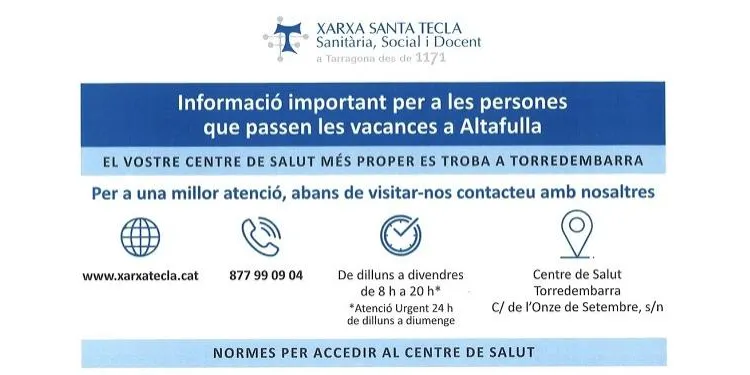 L'atenció mèdica per a les persones que passin les vacances a Altafulla es concentrarà en el CAP de Torredembarra