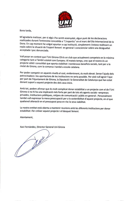 Comunicat oficial del director general de l'Spar Citylift Girona en relació a les últimes declaracions realitzades als mitjans.