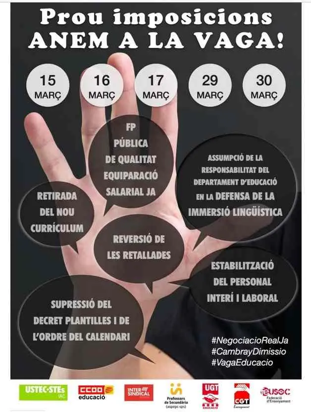 Els sindicats convoquen vaga a l'ensenyament els dies 15,16,17, 23, 29 i 30 de març