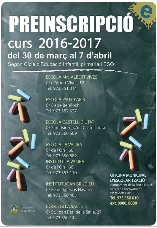 La preinscripció per al curs escolar 2016-2017 s'obre el 30 de març