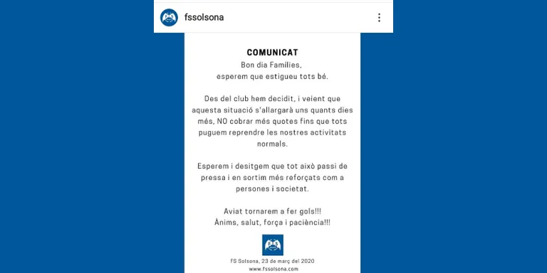 El Futbol Sala Solsona suspèn el cobrament de quotes