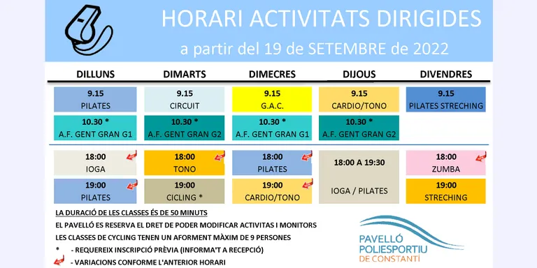 Nou horari d’activitas dirigides al Pavelló Poliesportiu