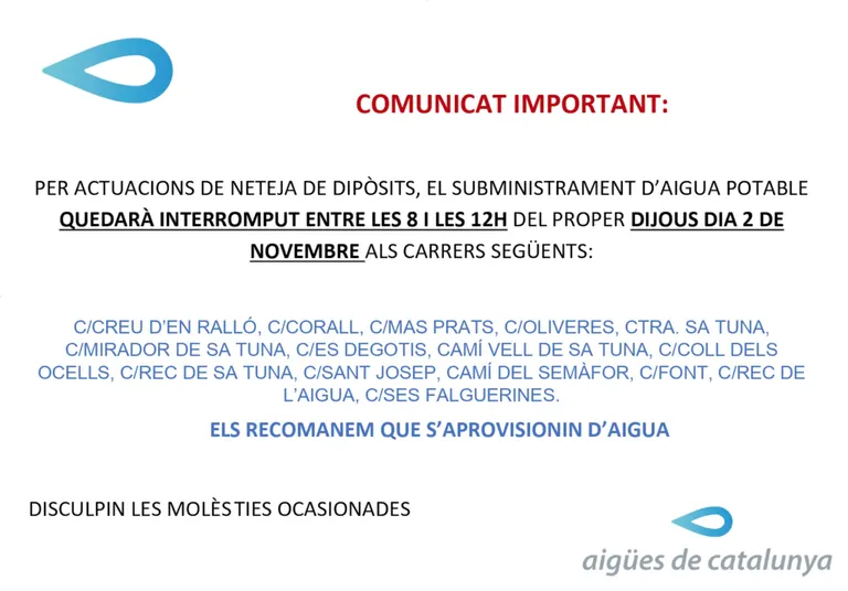 Avís important per tall de subministrament d’aigua el dijous 2 de novembre
