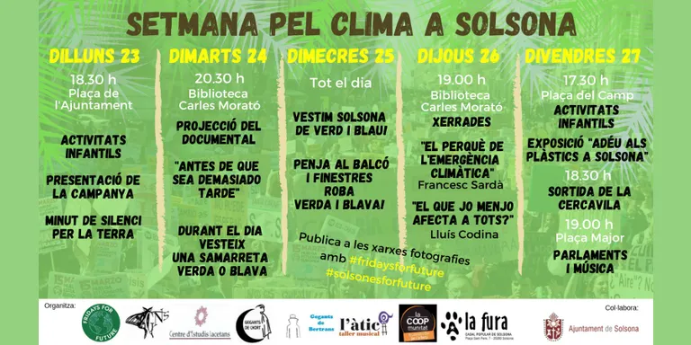 Solsona s'adhereix a les mobilitzacions mundials de la Setmana pel Clima amb una dotzena d'activitats a partir de dilluns