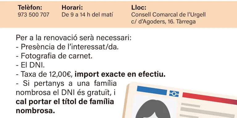 Avui es reprèn el servei de renovacions del DNI al Consell Comarcal de l'Urgell