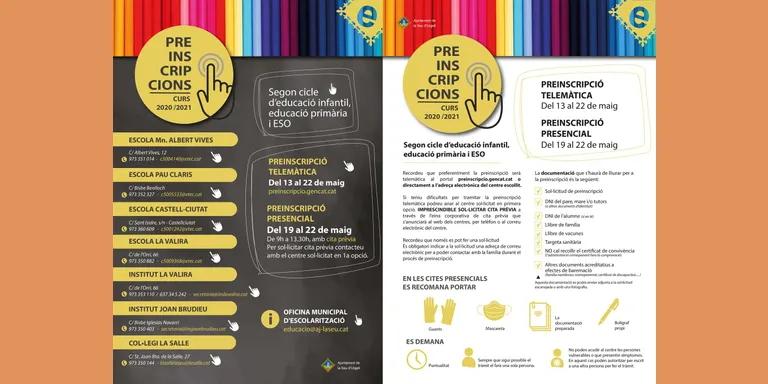 La preinscripció escolar per a l'educació infantil, primària i ESO serà entre el 13 i el 22 de maig
