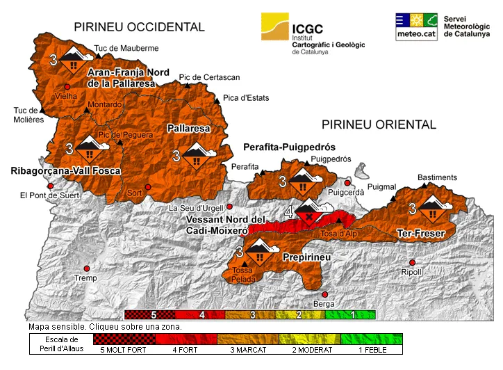 Els Bombers de la Generalitat demanen extremar les precaucions per l'elevat risc d'allaus al Pirineu i Prepirineu