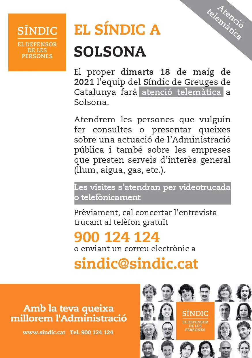 El Síndic de Greuges atendrà veïns i entitats de Solsona telemàticament