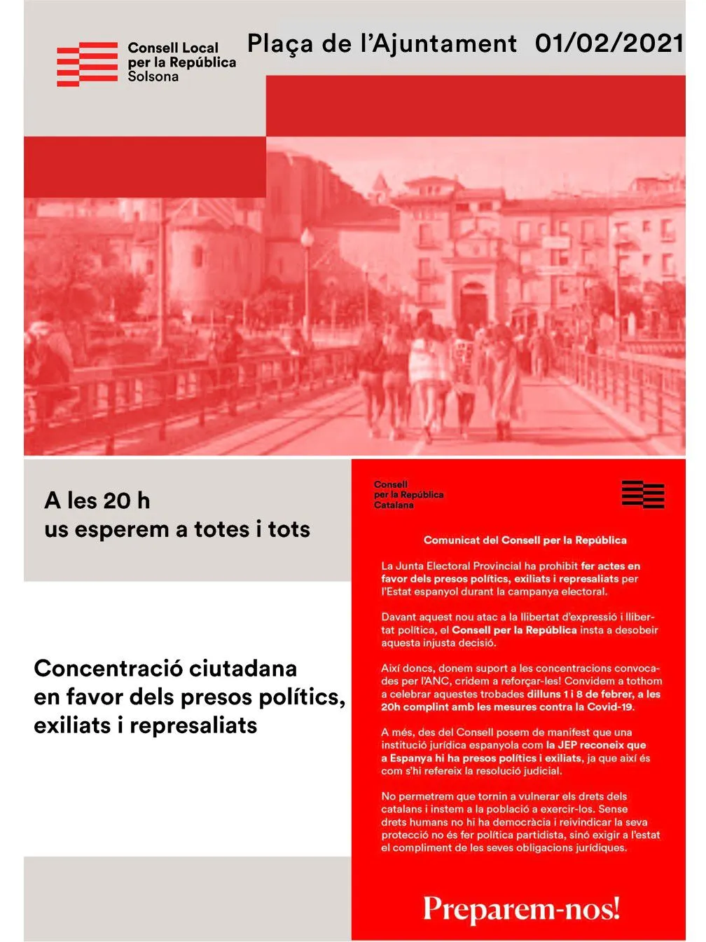 El Consell Local per la República convoca una concentració ciutadana en favor dels presos polítics, exiliats i represaliats