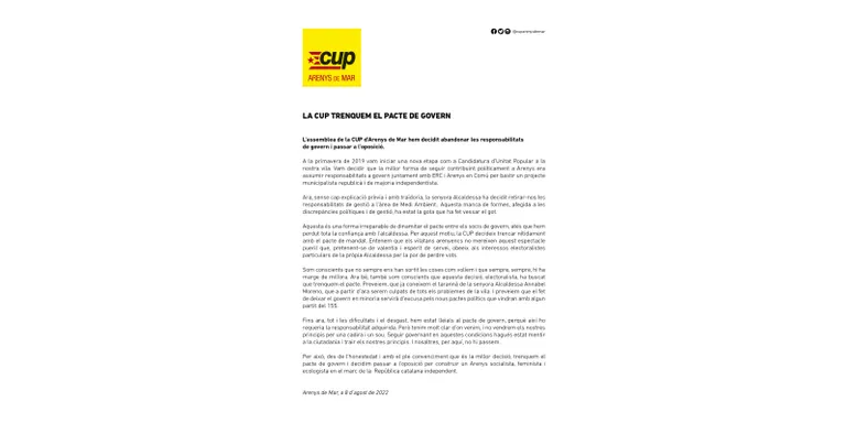 La CUP trenca el pacte de govern a Arenys de Mar