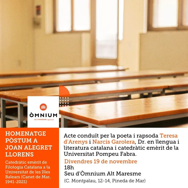 Òmnium farà un homenatge a Joan Alegret Llorens, catedràtic emèrit de Filologia Catalana a la Universitat de les Illes Balears