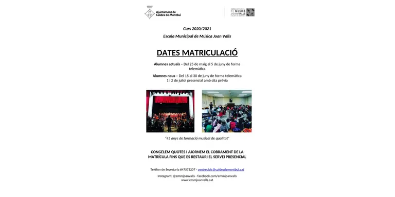 Dilluns s'obrirà el període de matrícula a l'Escola de Música Municipal