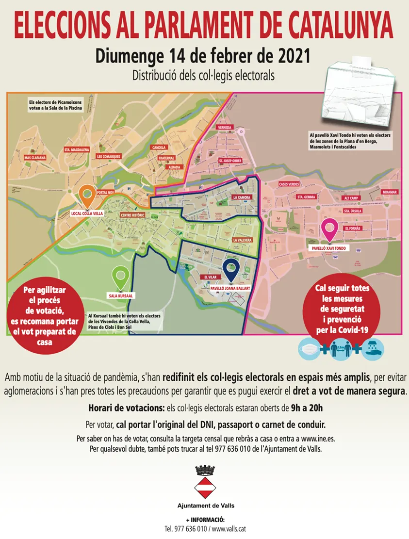 Eleccions 14F: Els col·legis electorals seran en equipaments més amplis a causa de l’actual crisi sanitària